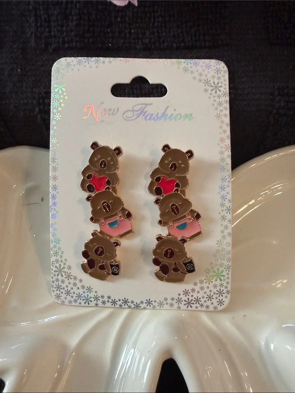 Kids Bear Heart Stud Earrings - Brown & Pink